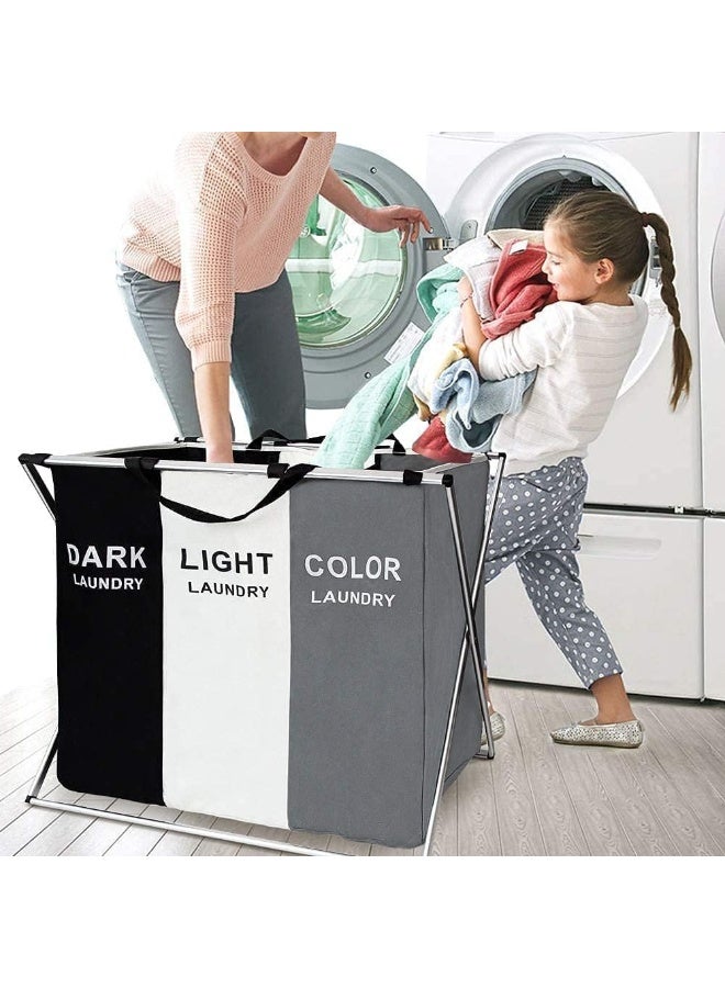 Toys Basket & Triple Sections Laundry Hamper, Large Capacity, Sorting Organizer Foldable with Handles, Oxford Waterproof Fabric, Aluminum Frame Coated Black Chrome - Image 3